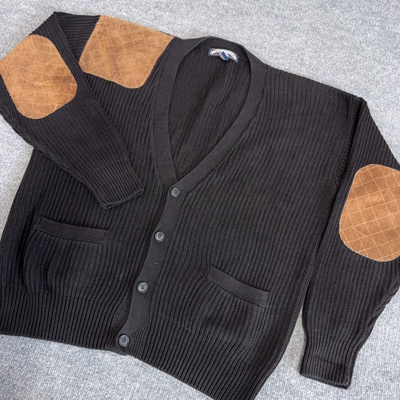 Thornton Bay Other - Vintage Grandpa Cardigan Sweater Men Medium Black Oversized Elbow Shoulder Patch